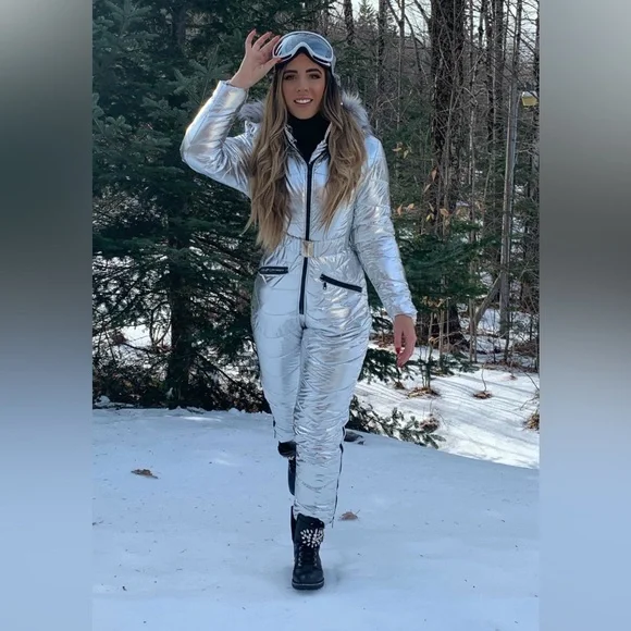 Silver Metallic Snowsuit with Fur Hood - Picture 2 of 2